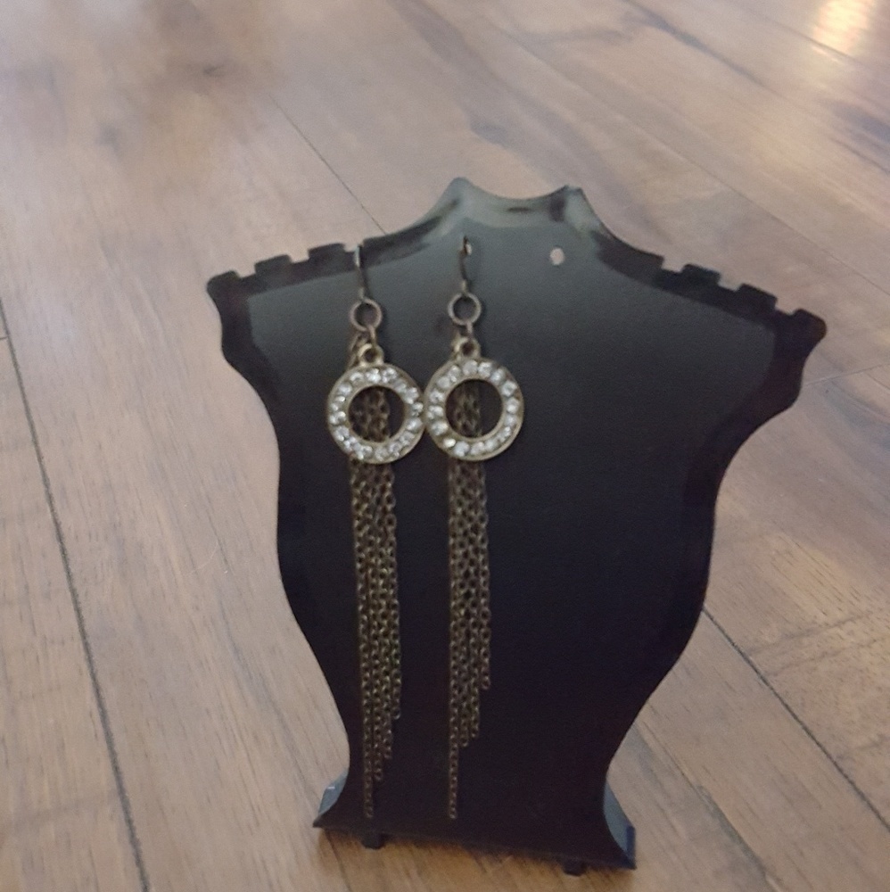 Dangle Earrings Rhinestone Circle Chain Fringe Dr… - image 1